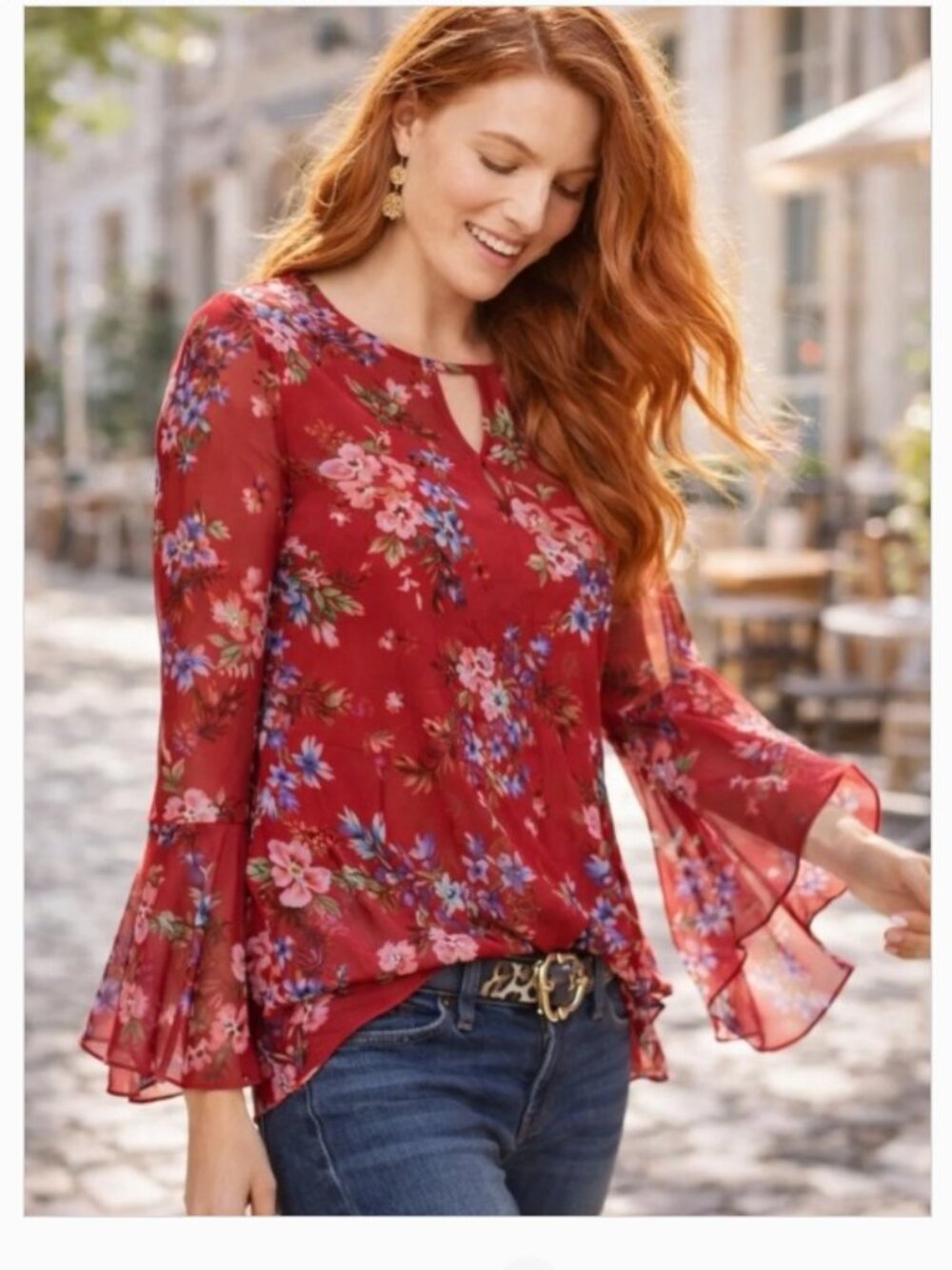 CAbi Devoted Blouse Red Floral Boho Sheer Bell Sleeve Romantic Sz‎ L